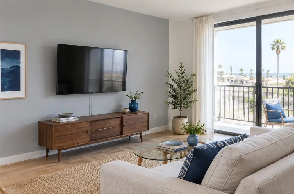 Illustration: a TV with the screen off on a pale gray apartment wall above a small walnut console, with a two-seat sofa, a sliding balcony door and a potted plant