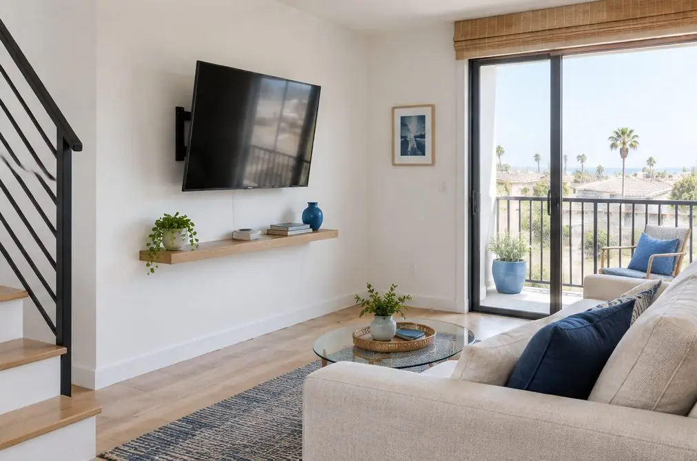 Illustration: a TV with the screen off on an interior wall of a compact three-level townhome living room, with a small sofa, a stair rail and a balcony door