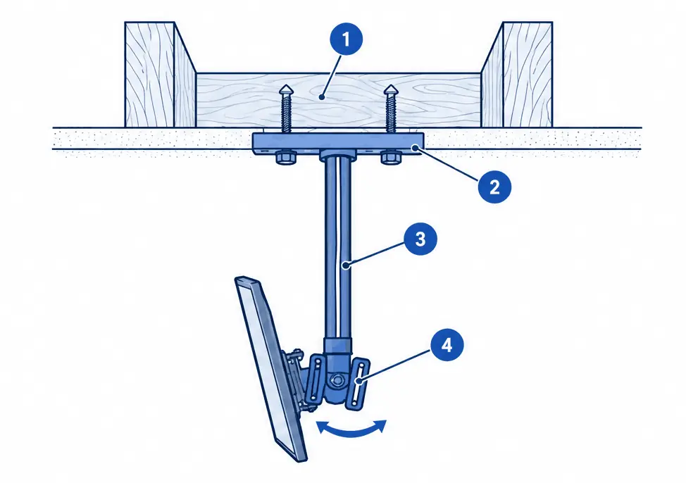 Diagram: side section of a ceiling TV mount on a drop pole fixed to a joist