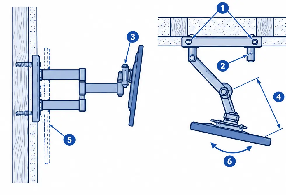 Diagram: side and top views of a full-motion TV arm anchored across two studs