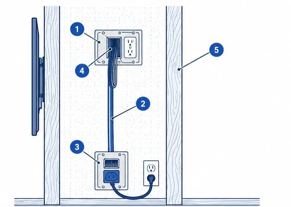 Diagram: side section of a stud bay with an upper recessed plate behind the TV, rated cable, a lower inlet plate near the floor and a brush opening for HDMI