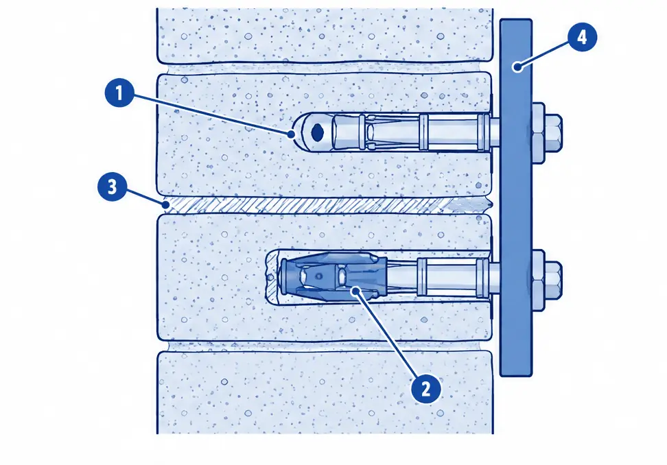 Diagram: side section of a brick wall with a plate held by sleeve anchors set in the bodies of the bricks, one anchor cut away to show the expanded sleeve