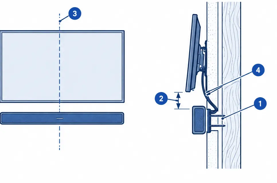 Diagram: front and side views of a TV with a soundbar on its own bracket screwed into a stud below the screen, an even gap and short cables