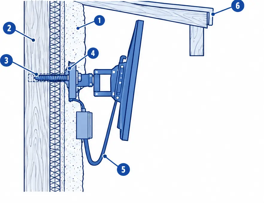 Diagram: section of a covered stucco patio wall, an outdoor-rated lag bolt through the stucco into the stud, a sealed entry and a cable drip loop