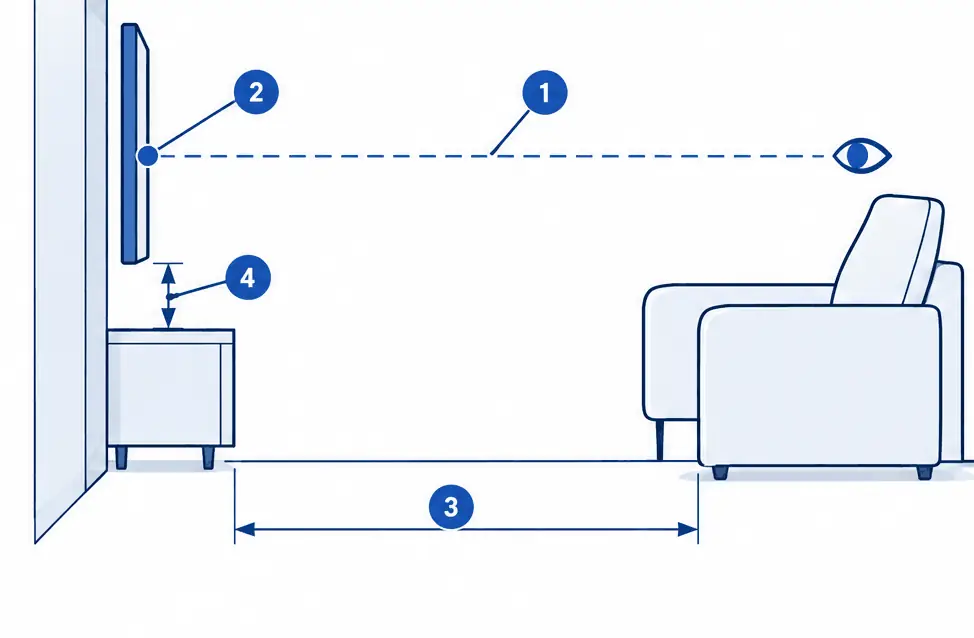 Diagram: side view of a sofa with a seated eye line running to the center of a wall-mounted TV above a console, with the seat distance and the console gap marked