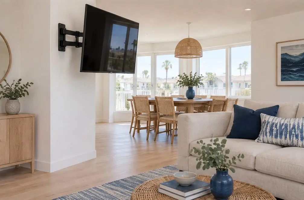Illustration: a switched-off TV on a fully extended articulating arm pointing out from a room corner, with a dining table and a linen sofa in the background in Costa Mesa