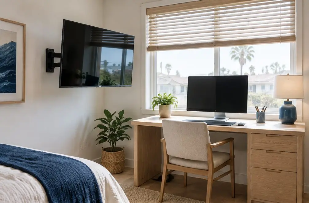 Illustration: a switched-off TV on a swing arm beside a desk and a window in a small converted-bedroom office in Costa Mesa, with a lamp and half-closed blinds