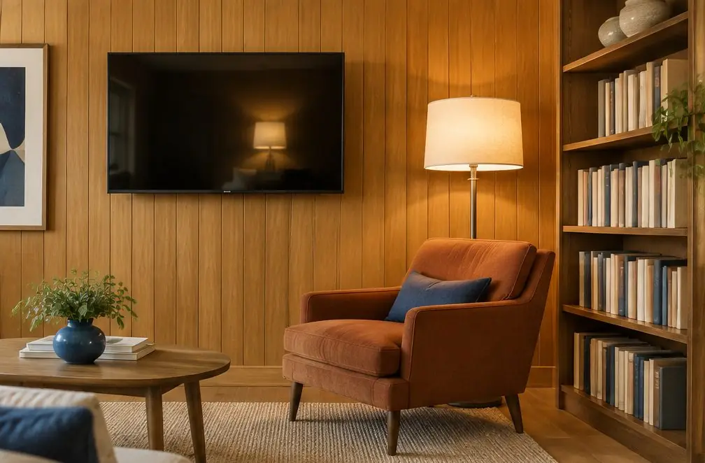 Illustration: a TV with the screen off on a mount over honey-toned wood paneling in a Costa Mesa den, with a rust-colored armchair, a floor lamp and a shelf