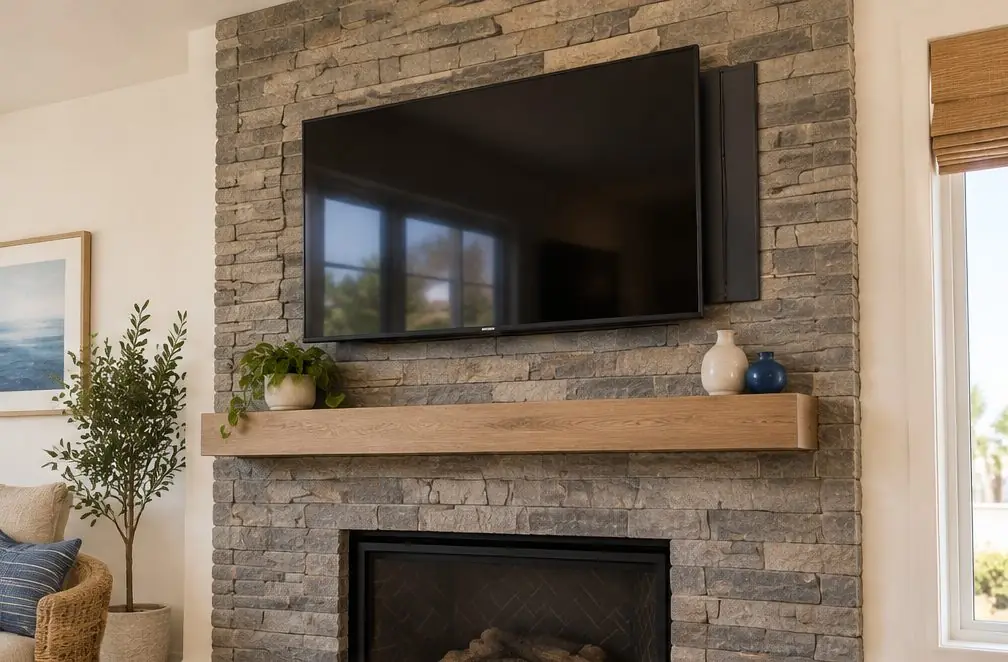 Illustration: a TV with the screen off above a ledger-stone fireplace with a floating wood mantel and a wall-mounted speaker beside it