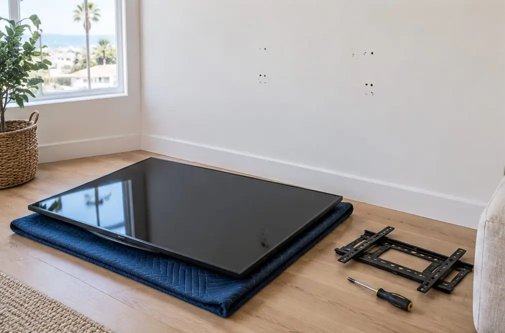 Illustration: a bare pale wall with a few small screw marks beside a switched-off TV resting on a folded blanket on the floor, with a bracket and a screwdriver nearby, in a Costa Mesa home