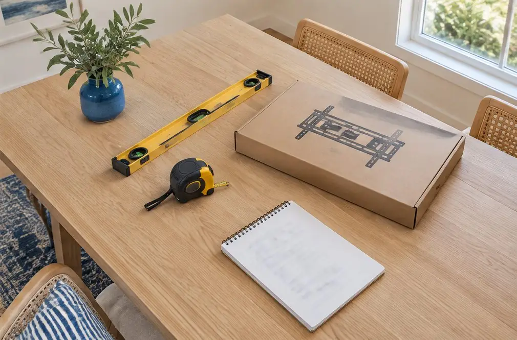 Illustration: a tape measure, a spirit level, a boxed TV bracket and a notepad with blurred figures on a light oak table in a Costa Mesa family room, no people